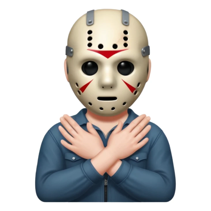 a cartoon image of Jason Voorhees, looking cute, with his hands clasped in front of him, at a sideways angle, looks like he is in love sticker