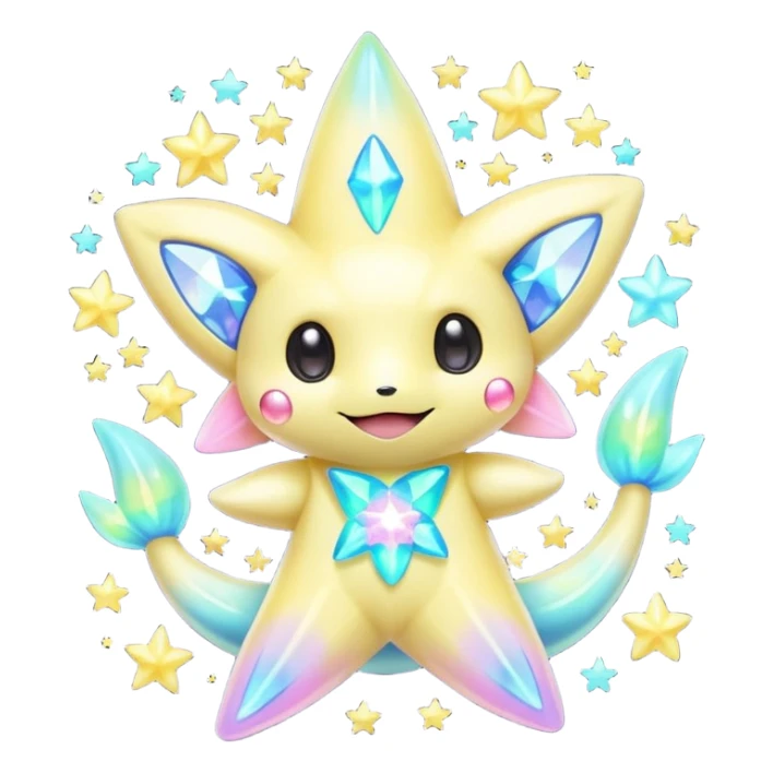 Elemental neon-pastel-iridescent shimmering lucky charming starry smiling cute Jirachi-Dragalge-Pokémon-Fakémon-hybrid-creature sticker