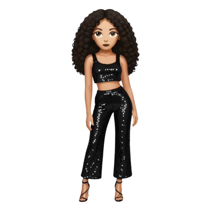 Solange with long dark brown hair, black sequin crop top, black sequin pants sticker