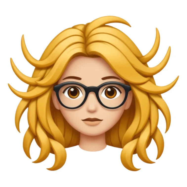 Uma garota de cabelos encaracolados compridos e mechas bem loiras, com pele morena  e óculos sticker