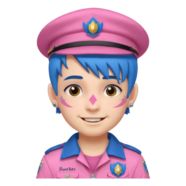 scout boy with very pink scout uniform, blue haired and hat, heavy face tattoed sticker