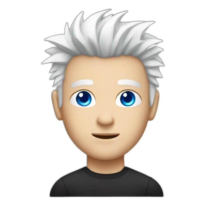 White male with spiky white hair with bright blue eyes wearing a black compression shirt sticker