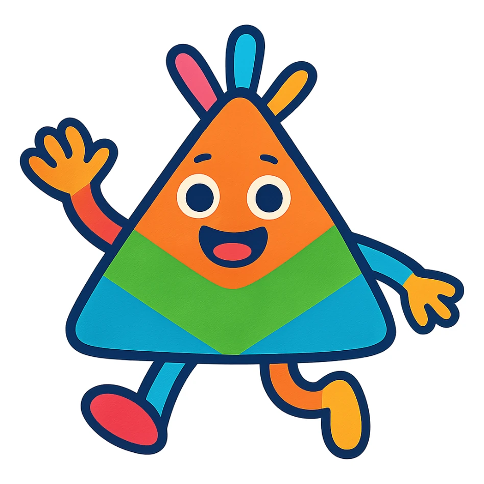 triangle-shaped character, cheerful, colorful, cartoon style sticker