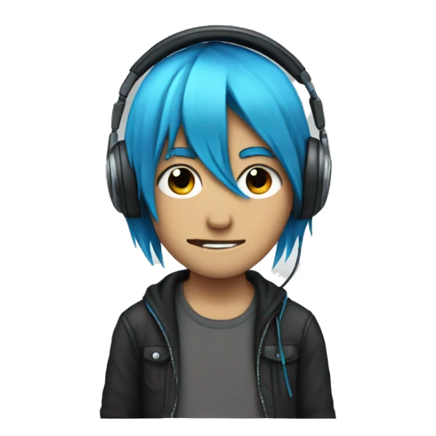 Emo with blue hair and a headphones and unsmile sticker