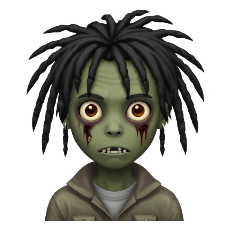 emo zombie boy, black shaggy dreads, medium long, dark and spooky, creepy expression, iOS emoji style sticker