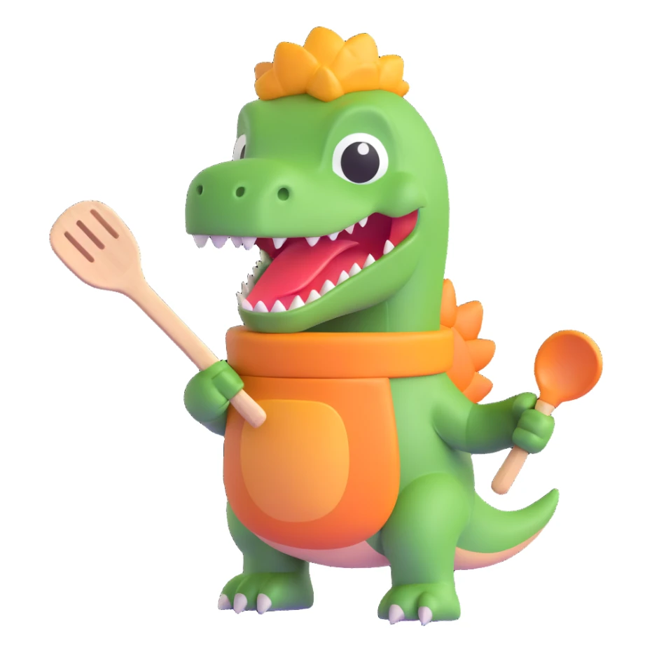 dinosaur with a spatula and oven mitts, ready to cook, 3d emoji style sticker