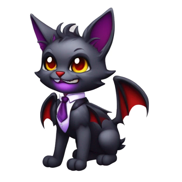 Anthro-Cute-Evil-Vampiric-Batty-Cat-Black-Purple-Red-Grey-White-Yellow-Contrast-Colors-Fantasy-Fur-Sona-Chibi-Shiny-Fakémon-Hybrid with horns and big fangs neck tie leg spats full body sticker