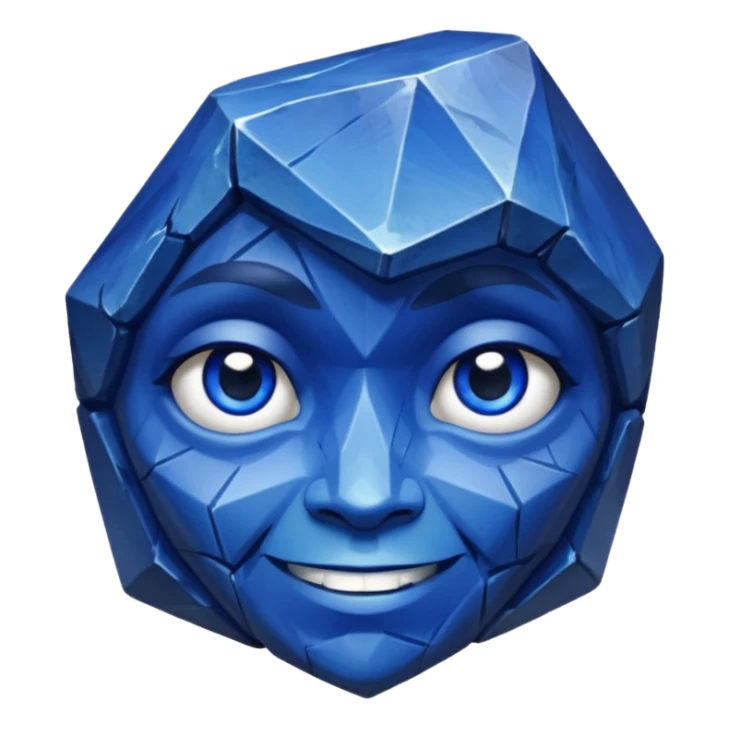 A single sapphire-blue faceted rock head, chunky and worn, with very visible big cracks and chipped facets but still shiny, big kind eyes and a confident smile sticker