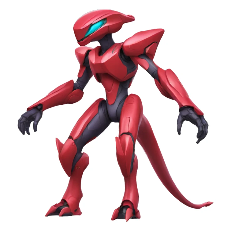 a shiny red Genesect-Raptor-Fakémon—hybrid with a futuristic visor-helmet full body sticker