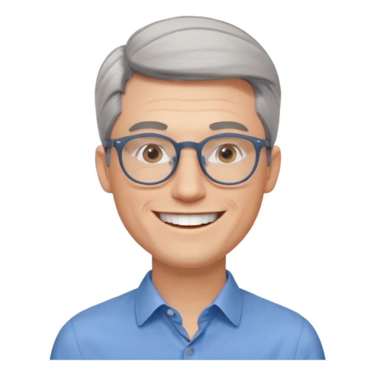 30 yr old pale white man, grey side swept hair, round glasses, big smile, white teeth, handsome, longer hair, thin glasses, blue dress shirt, no tie, stylish hair sticker