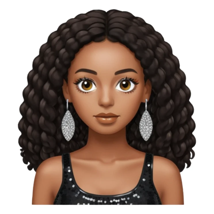 Solange with dark brown long hair, black sequin crop top, silver earring sticker