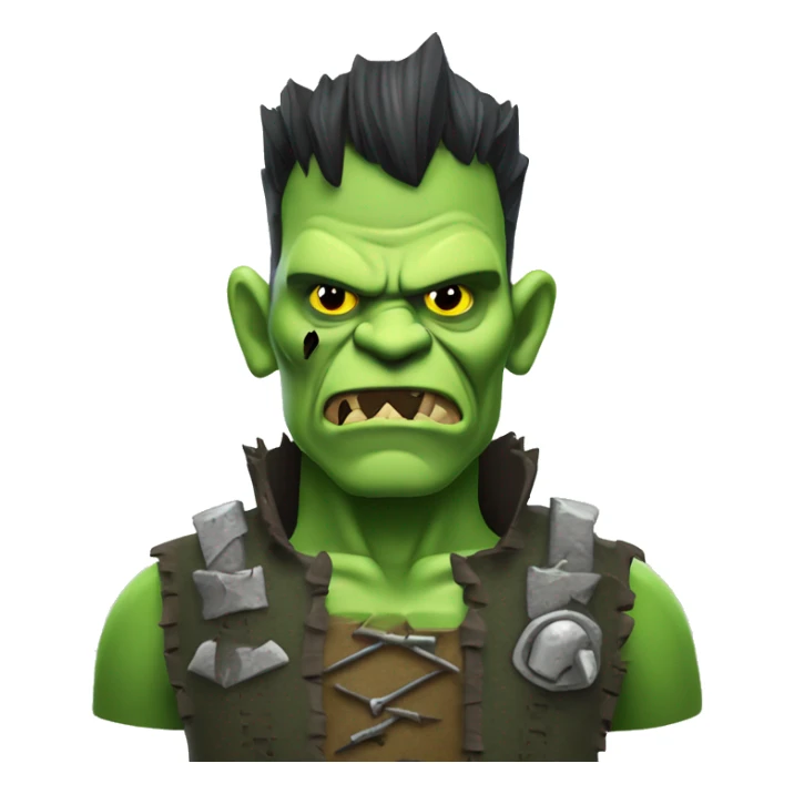 Orc Frankenstein with bolts in neck, stitched green skin, patchwork outfit, Halloween theme, emoji sticker