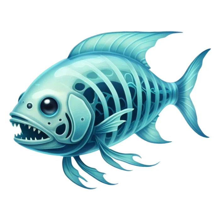 B ioluminescent Deep-Sea Phantom – A ghostly fish creature with translucent skin, eerie glowing patterns, and a skeletal grin sticker