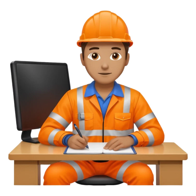 man in orange high visibility workwear seated at a desk sticker