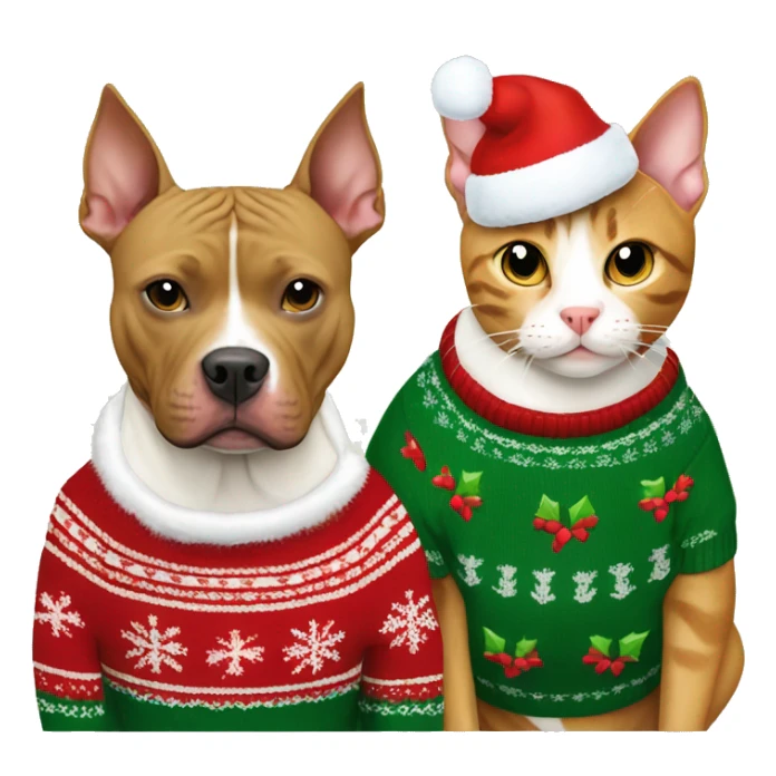 Tan pitbull and tabby cat in Christmas sweaters sticker