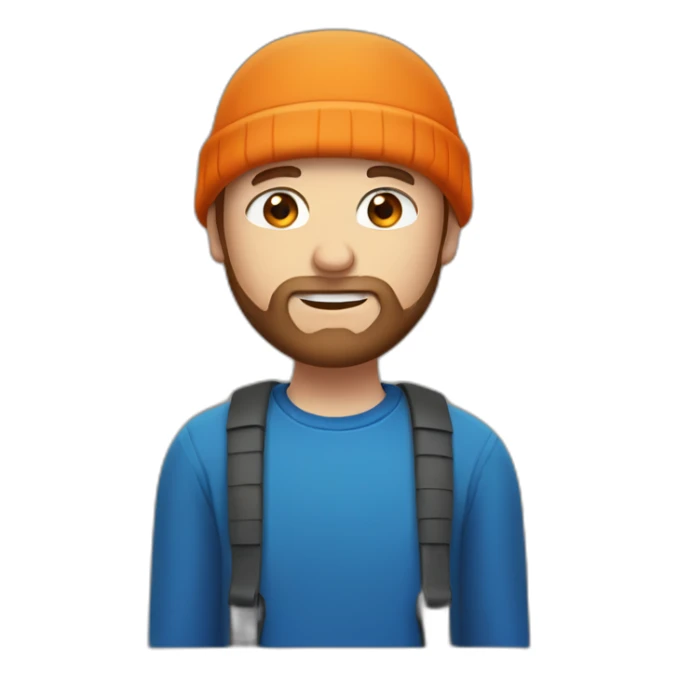 white guy with short brown beard, blue eyes and an orange beanie sticker