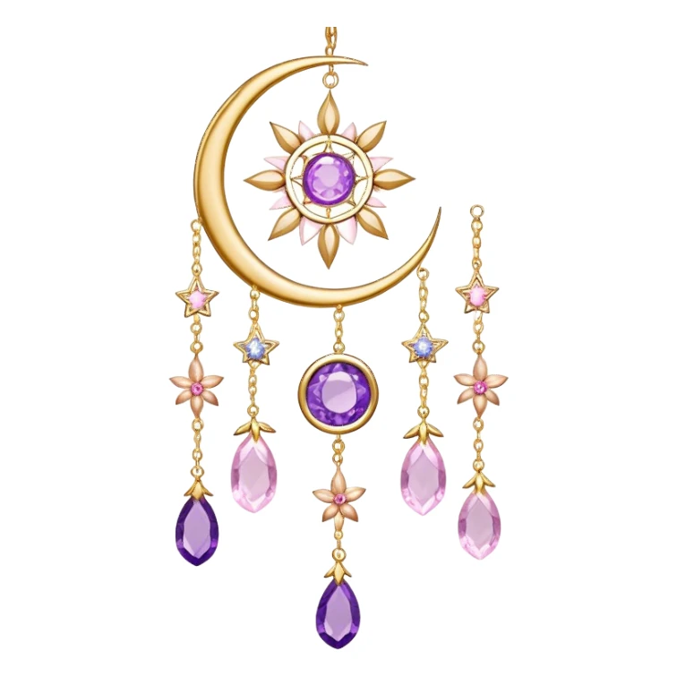 Epic Hanging gold suncatcher, threads with shiny sparkly amethyst and rose-quartz gemstones, flowers, moons, stars, leaves, petals sticker