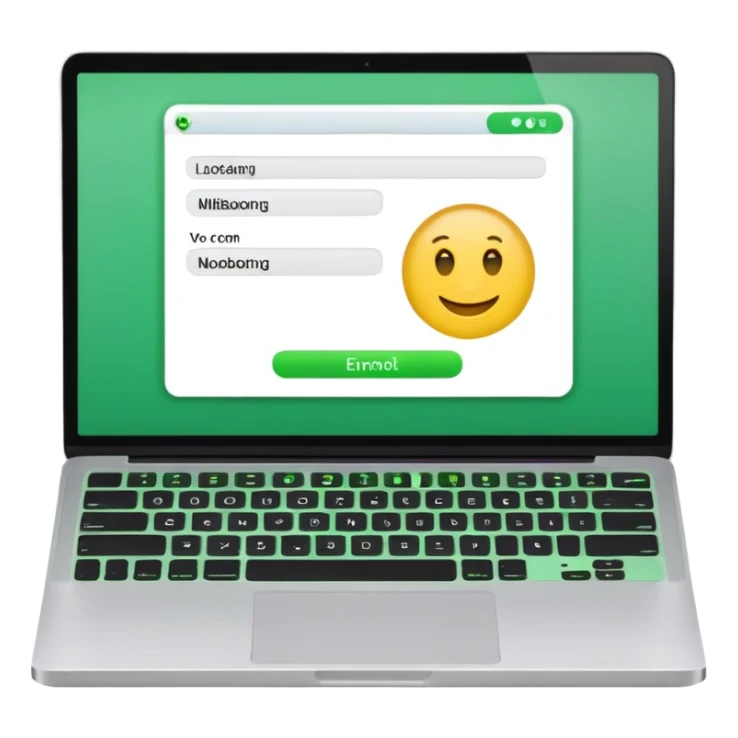 A emoji-style illustration of a laptop front facing with its screen showing onboarding form. On the screen, display a small white form card with a few input fields no labels. Add a bright green button at the bottom of the card no label. fix the keyboard letters. sticker