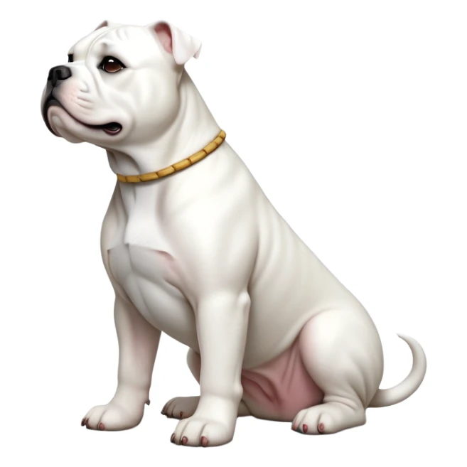 cinematic-[solid white american bulldog]-realistic-full-body-sitting-emoji,-tail-resting-loosely-beside-its-paws,-head-tilted-dramatically,-sleek-[solid white]-fur,-simplified-yet-realistic-focused-features,-highly-detailed,-glowing-with-an-almost-sarcastic-glow sticker
