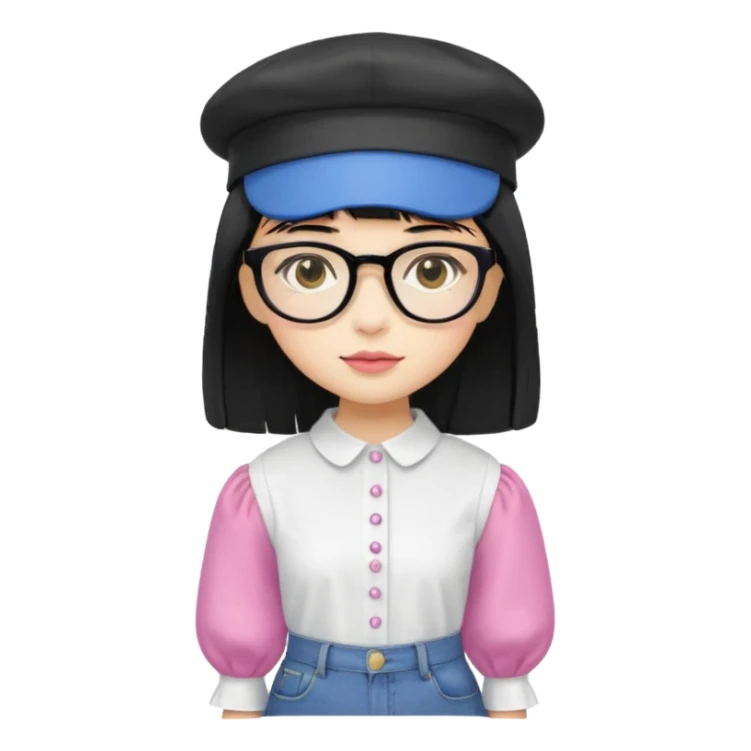 A yellow-skinned girl with medium-long straight black hair, flat bangs, black frame glasses, a white puffy sleeve doll shirt, blue jeans and pink shoes, and a black painter's hat. sticker