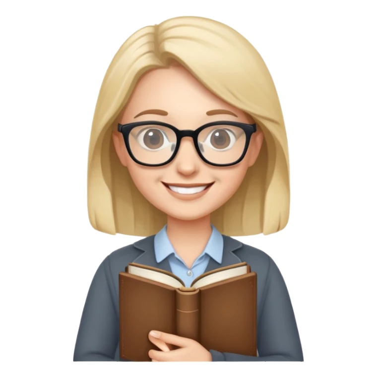 English teacher holding a book, smiling, wearing glasses sticker