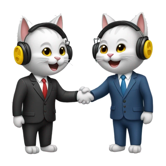 Two different color, happy cats, shaking hands in suits with headphones on.   sticker