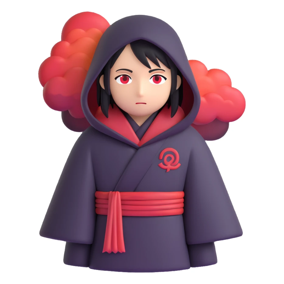 Itachi Uchiha themed emoji with Akatsuki cloak and subtle red cloud motif, modern emoji style sticker