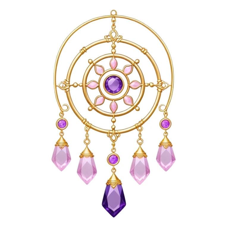 Epic Hanging gold suncatcher, threads with shiny sparkly amethyst and rose-quartz gemstones,  sticker