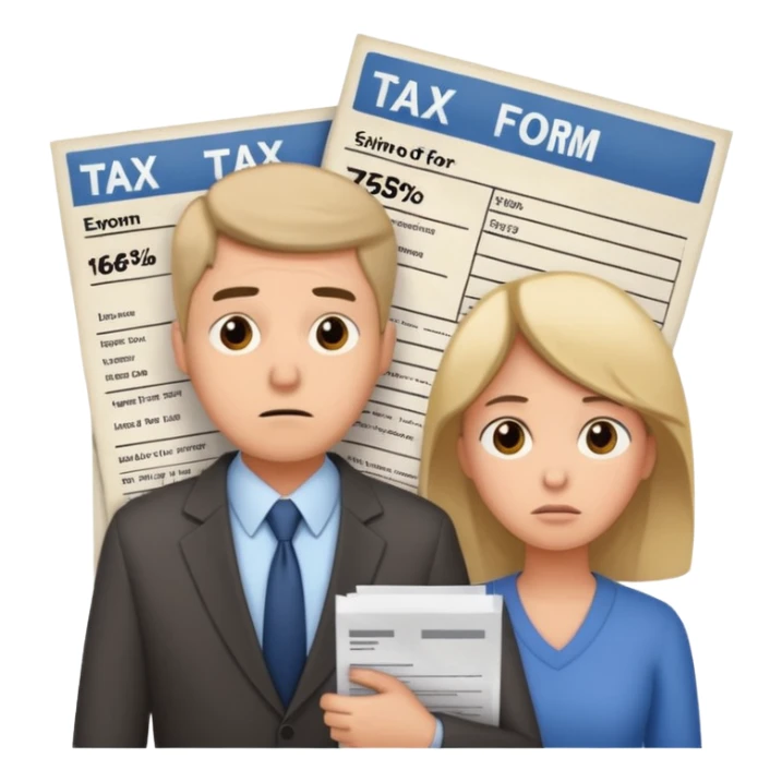 worried couple in front of taxes sticker