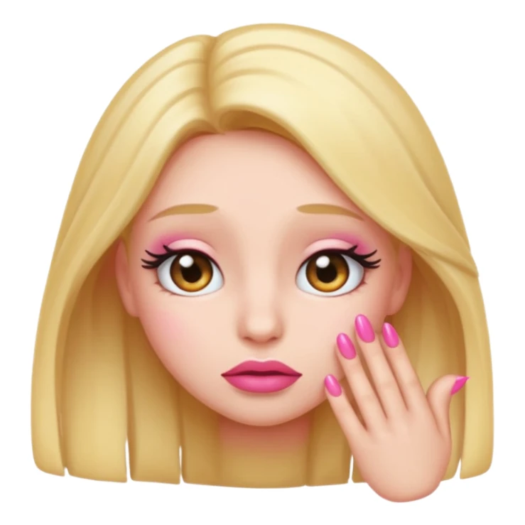 Shy emoji with long lashes, pouty lips, and pink nails on a black background, cute aesthetic sticker