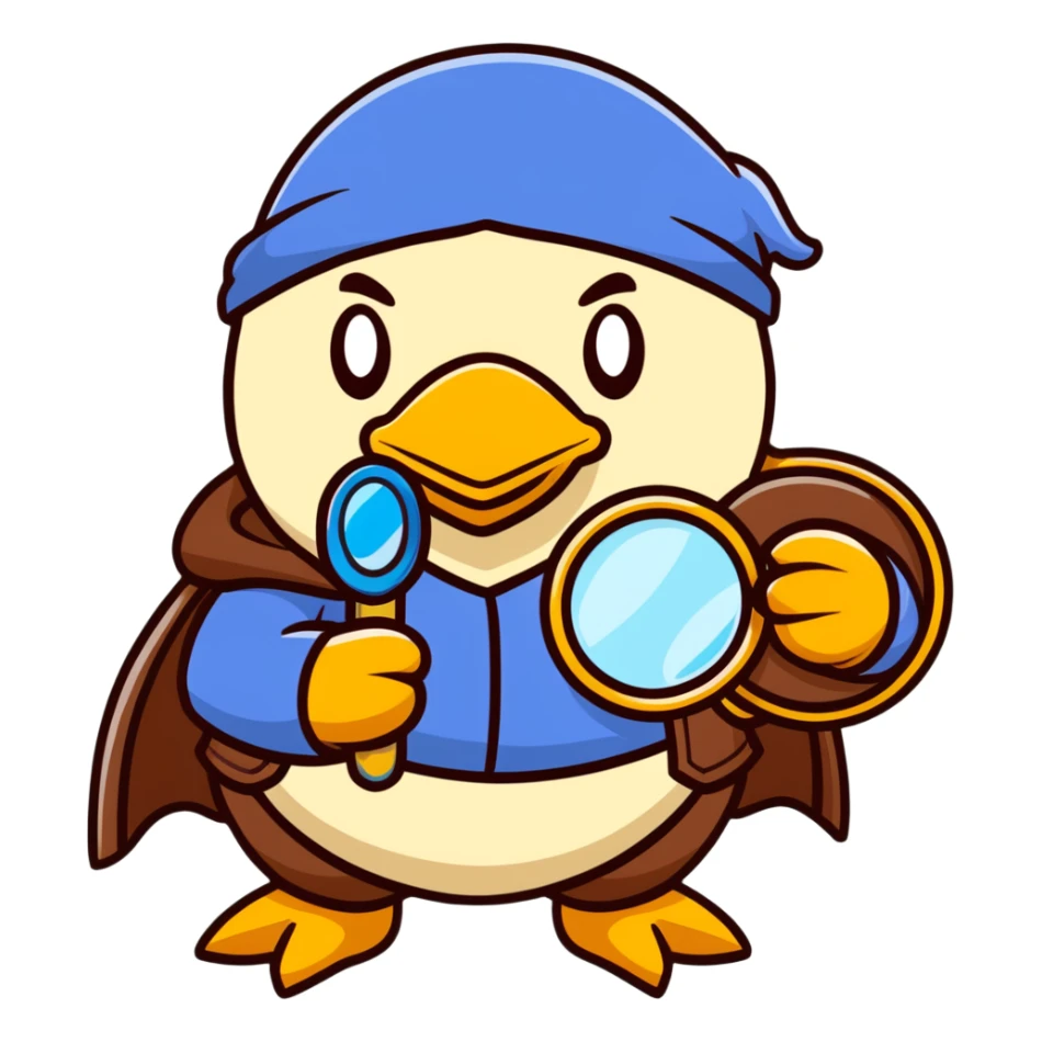 King Dedede from Kirby dressed as a detective, holding a magnifying glass, cartoon style sticker