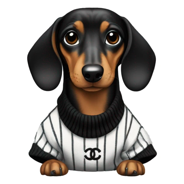 Dachshund wearing black and white Sweater with chanel logo  sticker