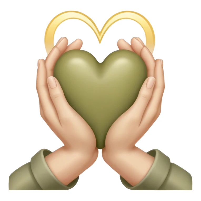 Hands joined in prayer with a pale olive heart sticker
