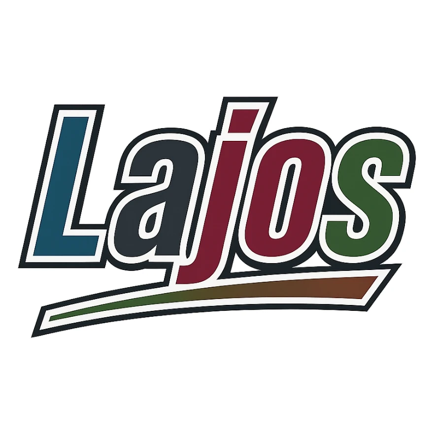 Text image of the name 'Lajos' in a masculine, modern font with gradient colors (blue, gray, burgundy, green, brown), precise Hungarian characters, dark contour, extra thick, prominent white letter border, dynamic slanted underline, 1000x1000 px, PNG, transparent background. sticker