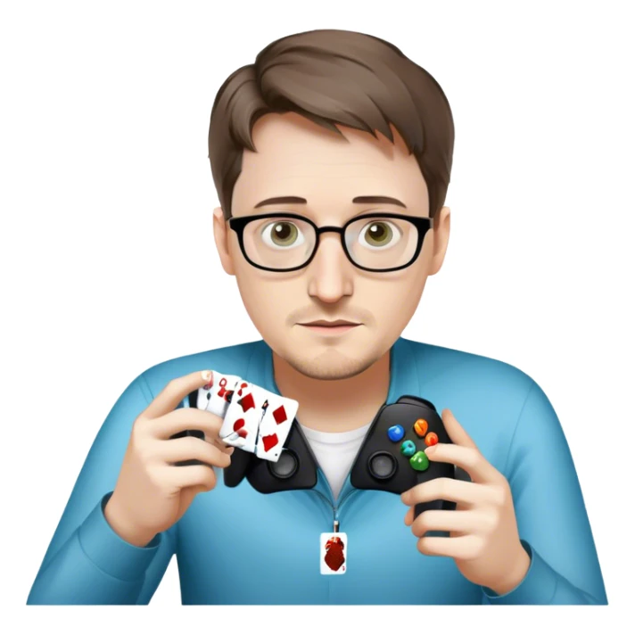 Edward Snowden revealing an Xbox controller in one hand like a magician revealing a playing card, close up, realistic  sticker