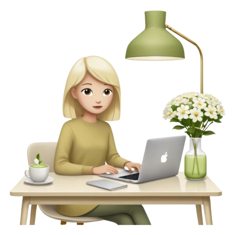 realistic macbook computer, fashion/interior magazines, flowers in a little vase, louis poulsen portable lamp with a dimmed cozy light and a iced matcha. very scandinavian aesthetic sticker