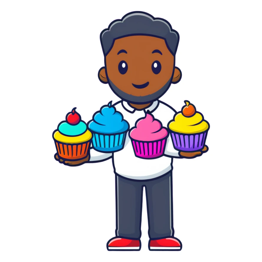 Cheerful large African American man holding colorful cupcakes sticker