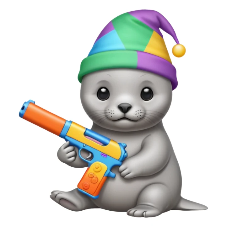 Baby seal wearing birthday hat holding a gun sticker