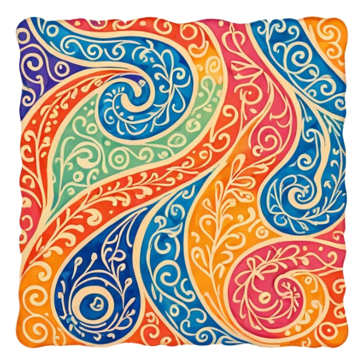 Batik art icon, colorful fabric with wax patterns, flowing fabric with intricate curves, vibrant colors, minimalistic design, clean lines, transparent background. sticker
