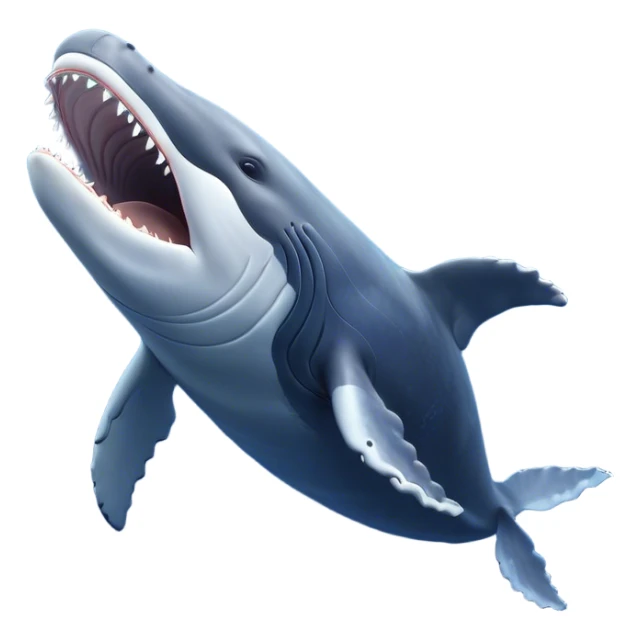 Cinematic Cute Yawning Humpback Whale Portrait Emoji, Head tilted slightly with a dramatic, wide-open yawn, showcasing a massive yet gentle blue-gray body with gently rippling baleen plates and sleepy, half-closed eyes, Simplified yet irresistibly adorable features, highly detailed, glowing with a soft, cozy marine glow, high shine, relaxed yet expressive, stylized with a dash of whimsical deep-sea charm, soft glowing outline, capturing the essence of a drowsy yet affectionate humpback whale that appears ready to drift into a deep-sea slumber! sticker