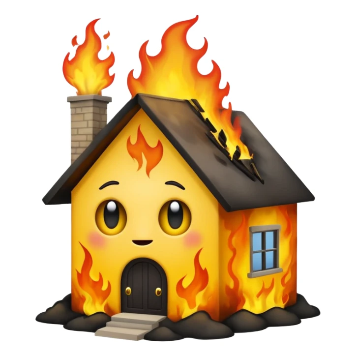 Create a comically crazy looking emoji that looks lost and confused. Have it related to emotional damage for theme with a house burning in background sticker