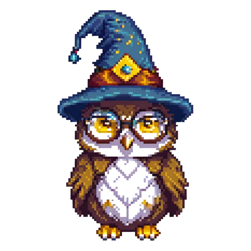 owl with a purple wizard hat and glasses pixel art sticker