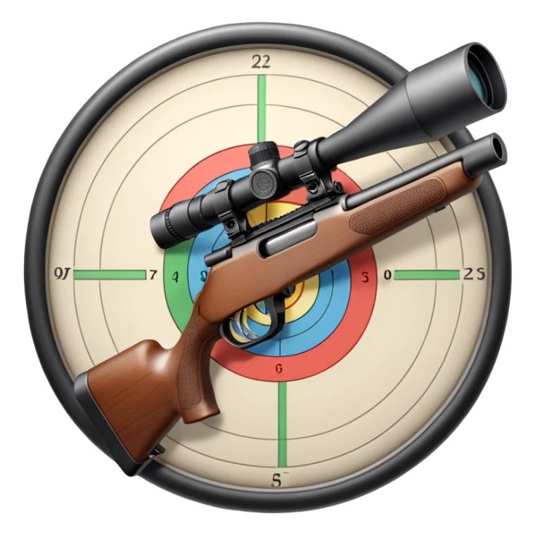 A detailed rifle with a scope, pointing towards a perfectly centered target with concentric rings. The scene highlights the precision and focus required in sports shooting, with no shooter in sight, just the rifle and target in a calm, focused setting. sticker