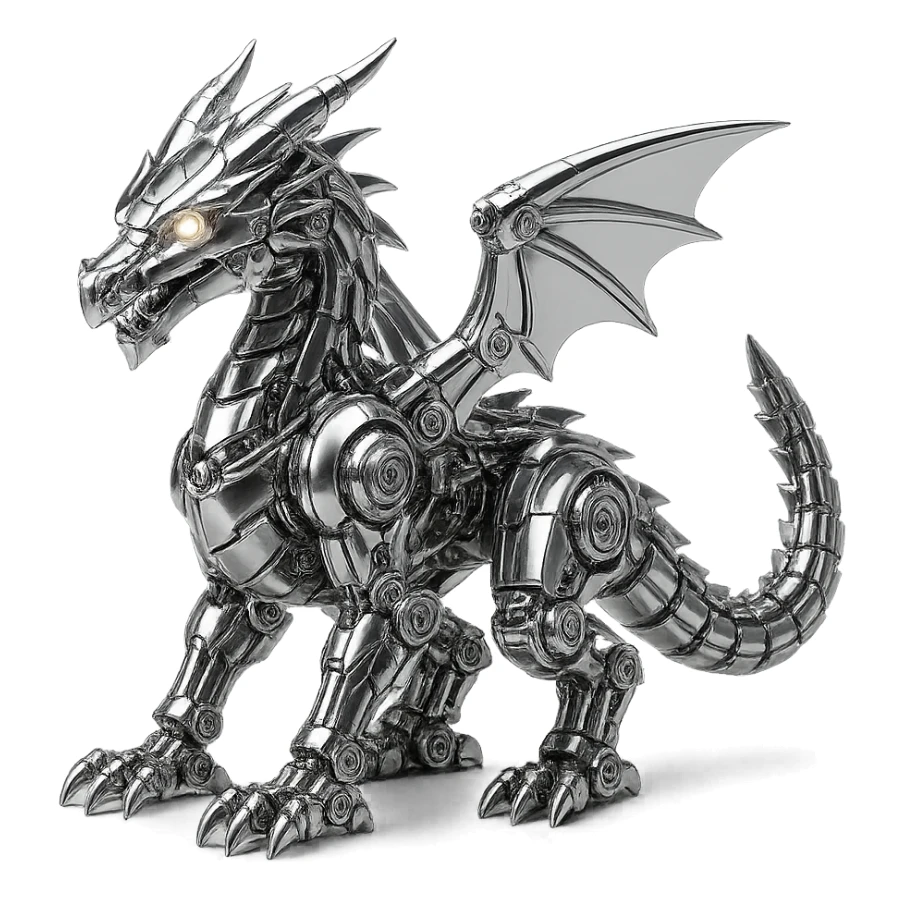 mechanical robotic dragon with chrome plating, glowing eyes, intricate gears and joints, 1:1 aspect ratio sticker