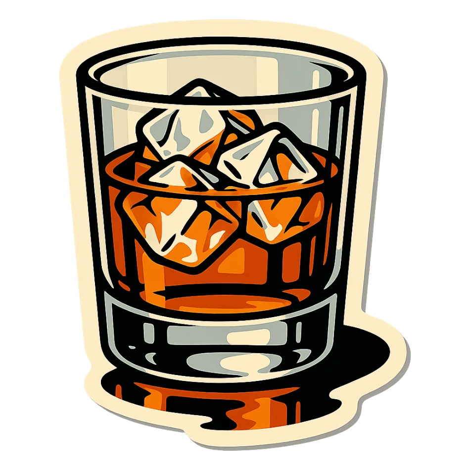 whiskey glass with several ice cubes, retro stickers style, sharp black outlines, expressive shadows and highlights, no gradients, only sharp color transitions, reflection on the table sticker
