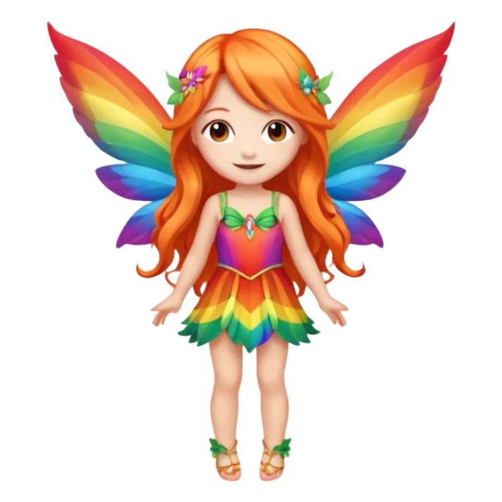 fairy with long orange hair, rainbow wings, red dress, happy, chibi full body sticker