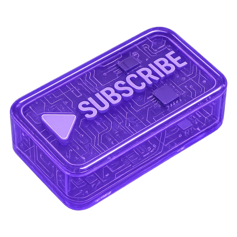 lavender subscribe button with a triangle, futuristic cyberpunk style sticker