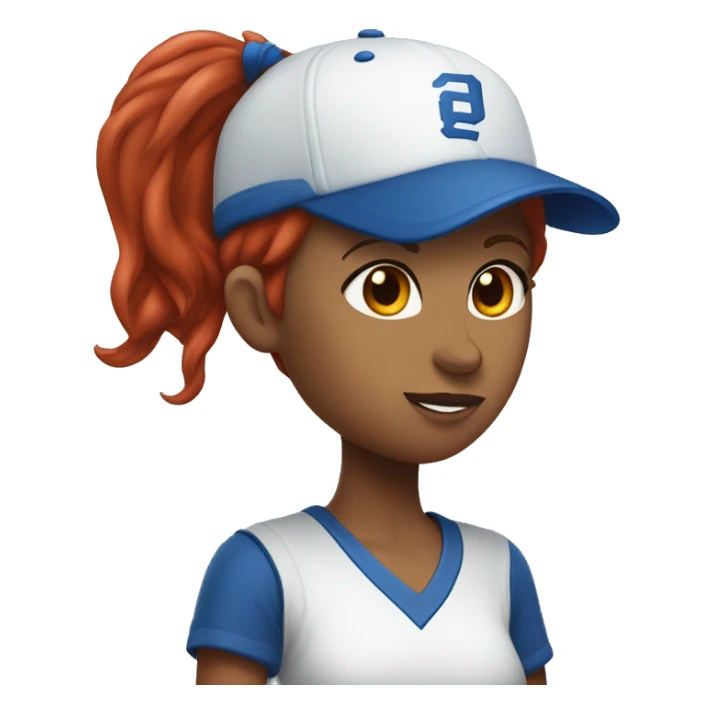 front facing, standing female coach with long red hair, wearing a white t-shirt and a simple blue baseball hat sticker