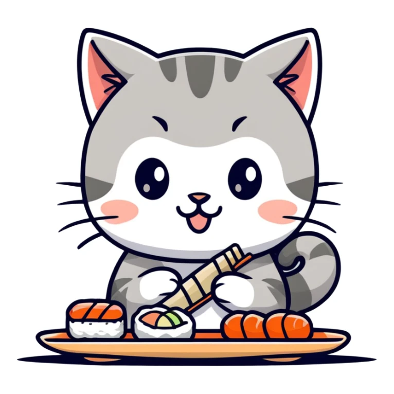 grey tabby kitten eating sushi sticker
