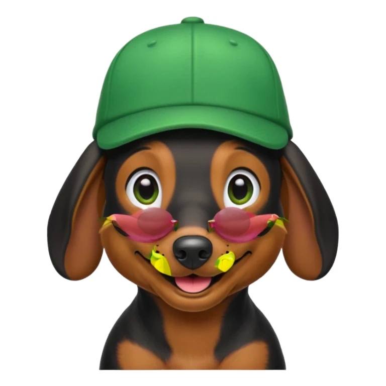 Black Dachshund in Green Cap in iOS 18 Emoji Style sticker